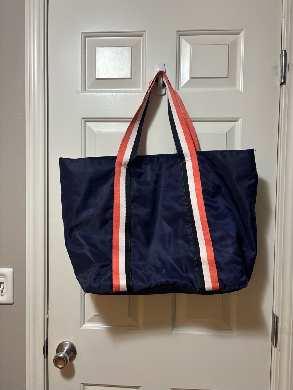 Navy Tote Bag with Coral & White Striped Handles